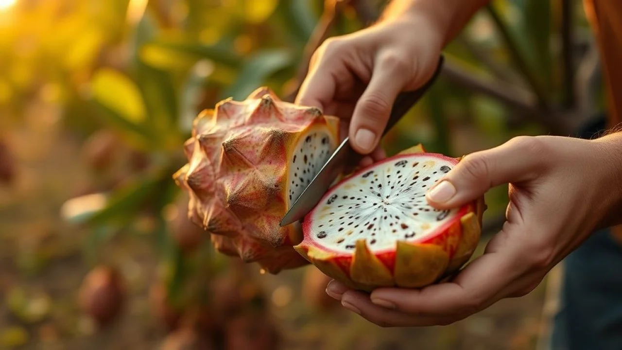 Harvesting ripe pitaya fruit in a Brazilian orchard, hands carefully cutting the fruit, Colhendo pitayas maduras em pomar brasileiro, fotografia profissional.