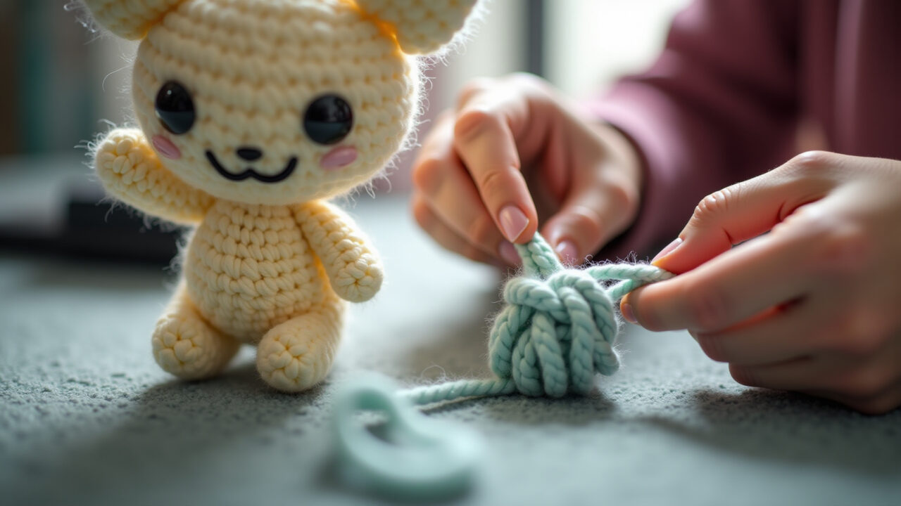 Hiding knots in amigurumi sewing, needlework, yarn, clean finish, bright light, professional Escondendo nós e arremates na costura de amigurumi.
