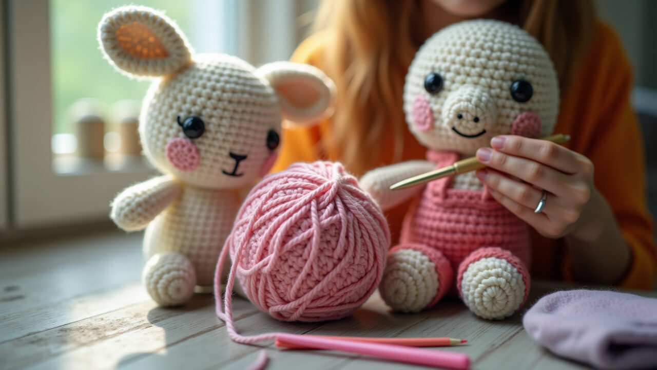 High-quality yarn and comfortable crochet hook, amigurumi project in progress, natural light, 8K Materiais de qualidade para amigurumi.