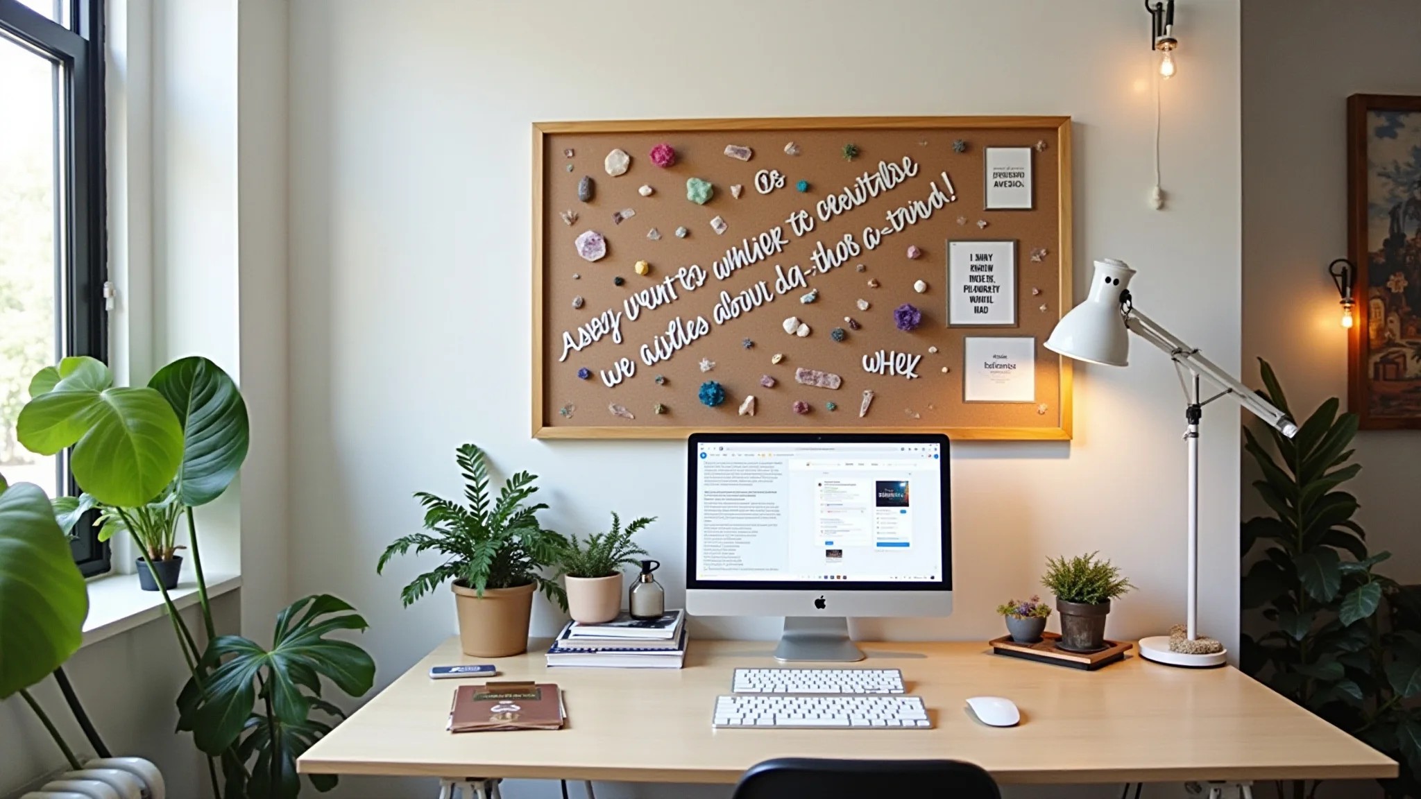 Mesa de home office com quadro de visão, cristais feng shui, plantas e frases inspiradoras.