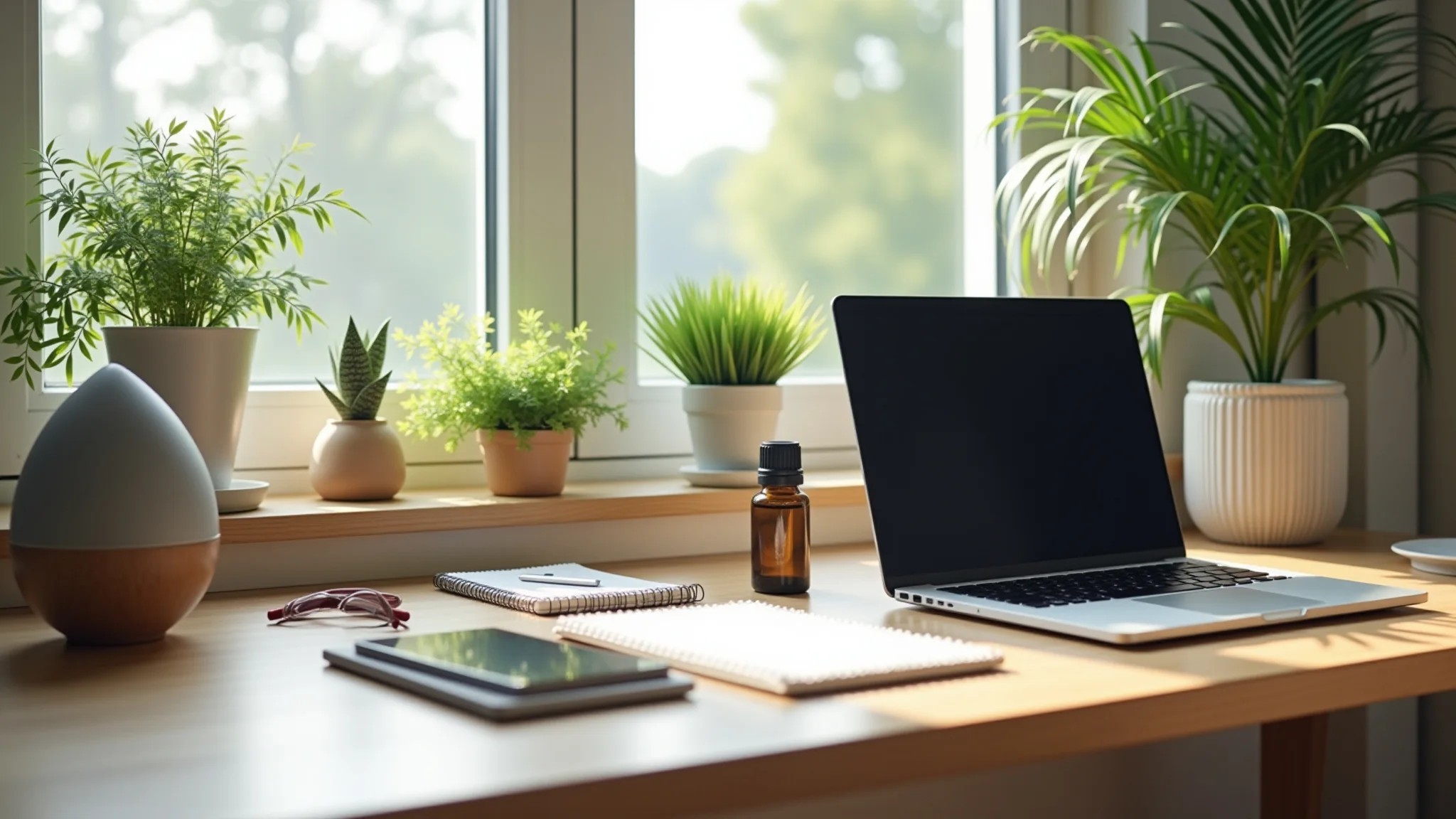 Mesa de home office organizada com plantas, luz natural e difusor de aromaterapia.