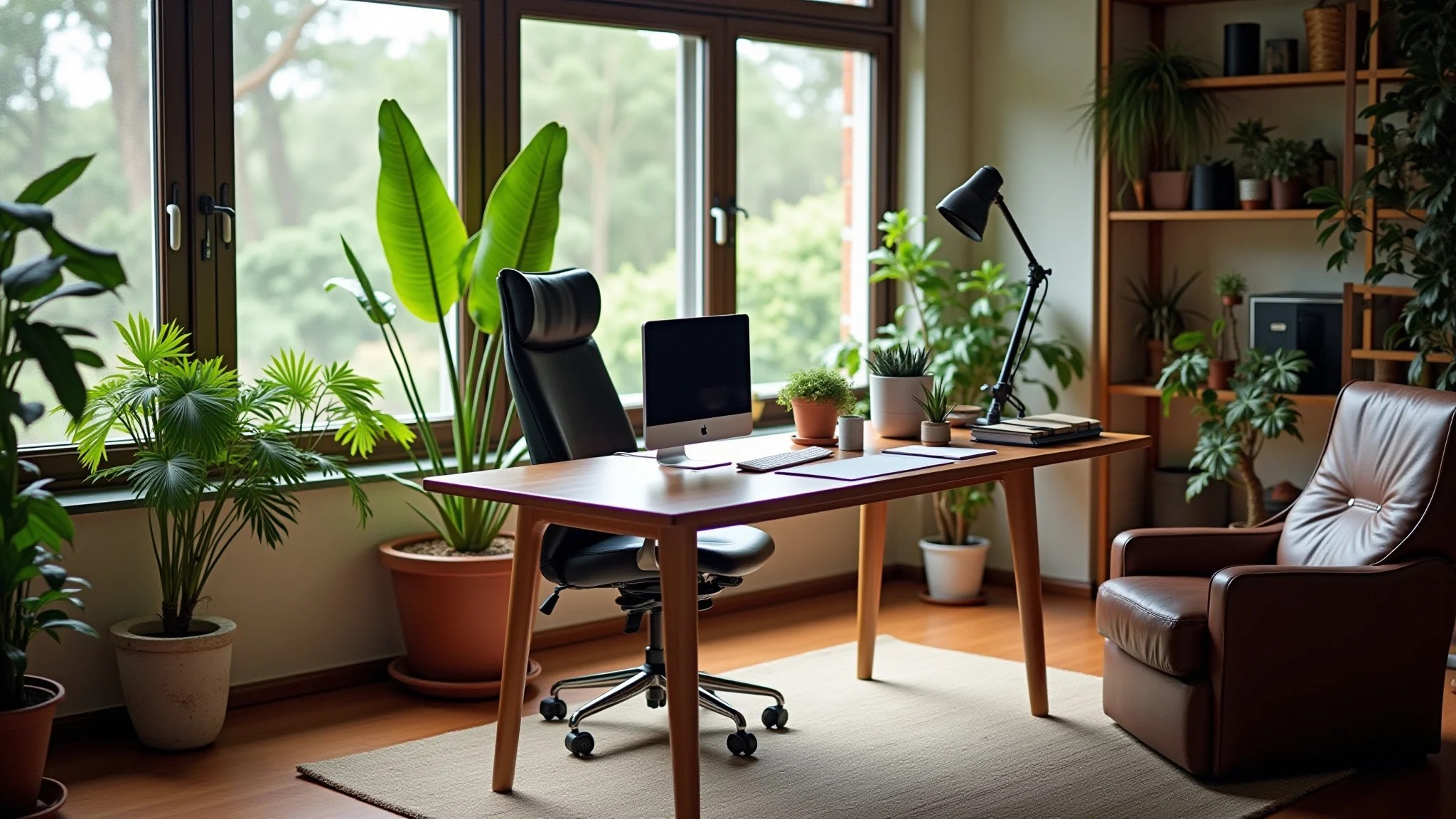 Escritório em casa com feng shui, organizado, com plantas e luz natural.