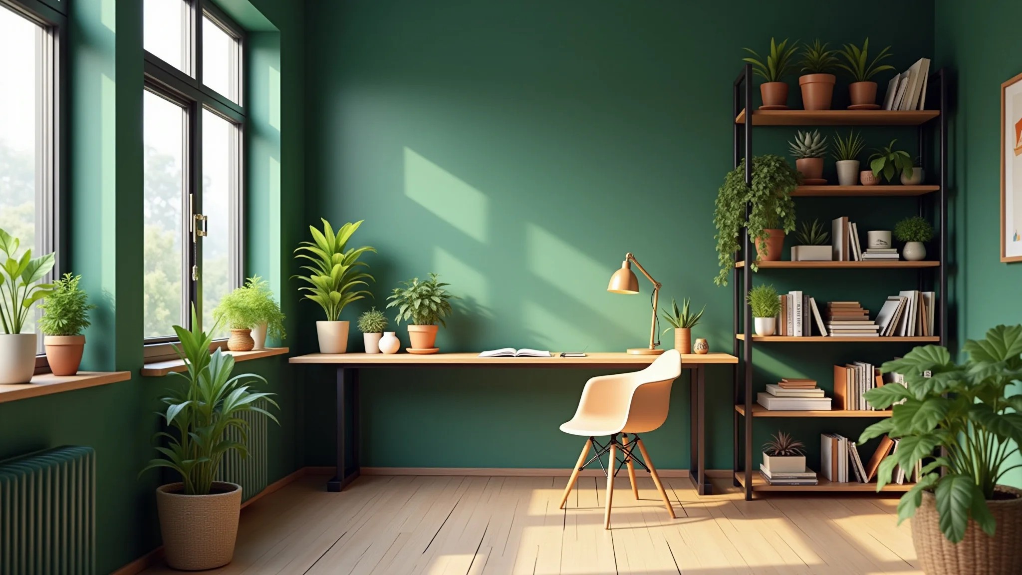 Home office com paredes verdes, mesa de madeira, plantas feng shui e prateleiras organizadas.