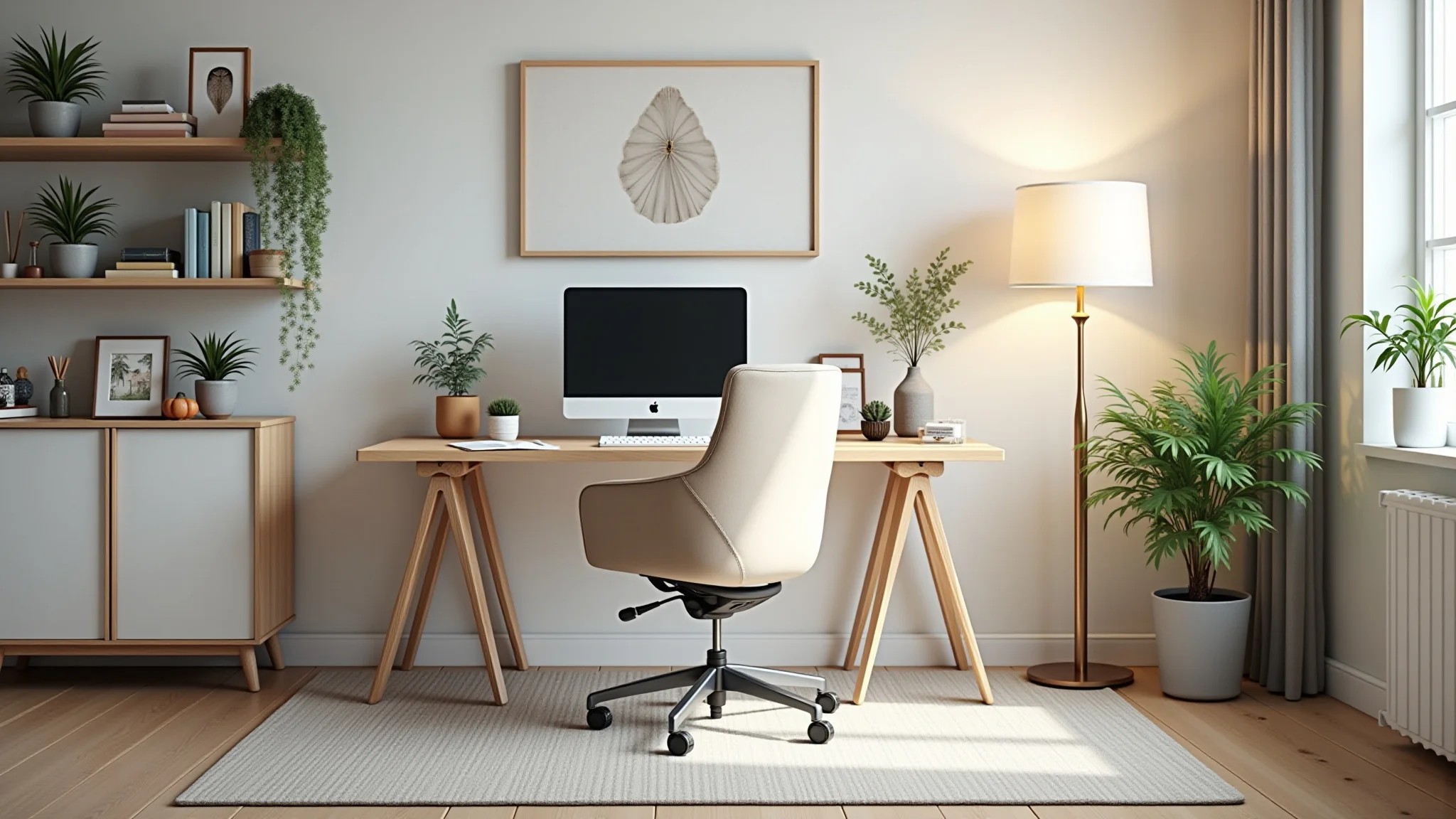 Home office com decoração minimalista, elementos feng shui, luz natural e cadeira ergonômica.