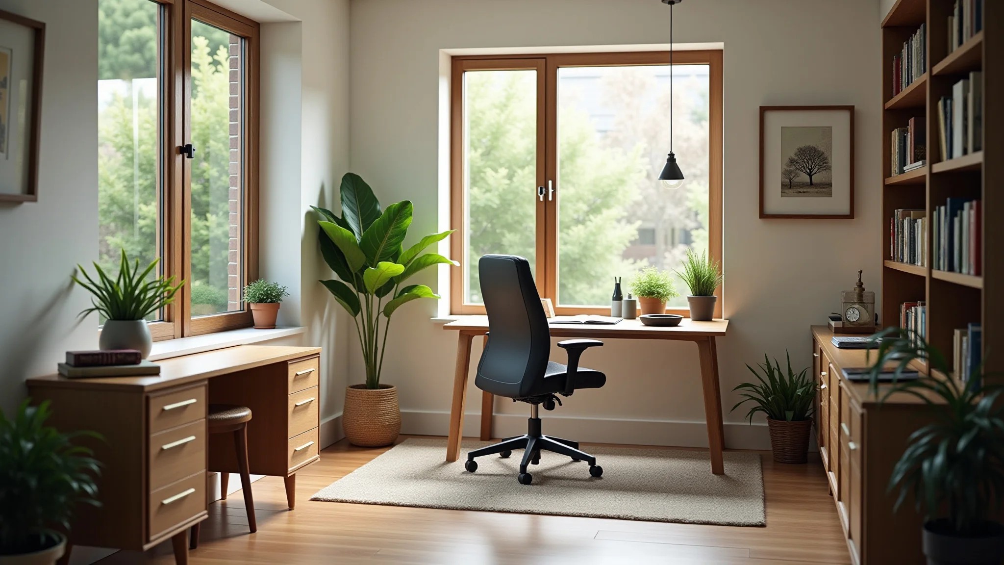 Home office com luz natural, layout feng shui, cadeira ergonômica, plantas e vista para o jardim.