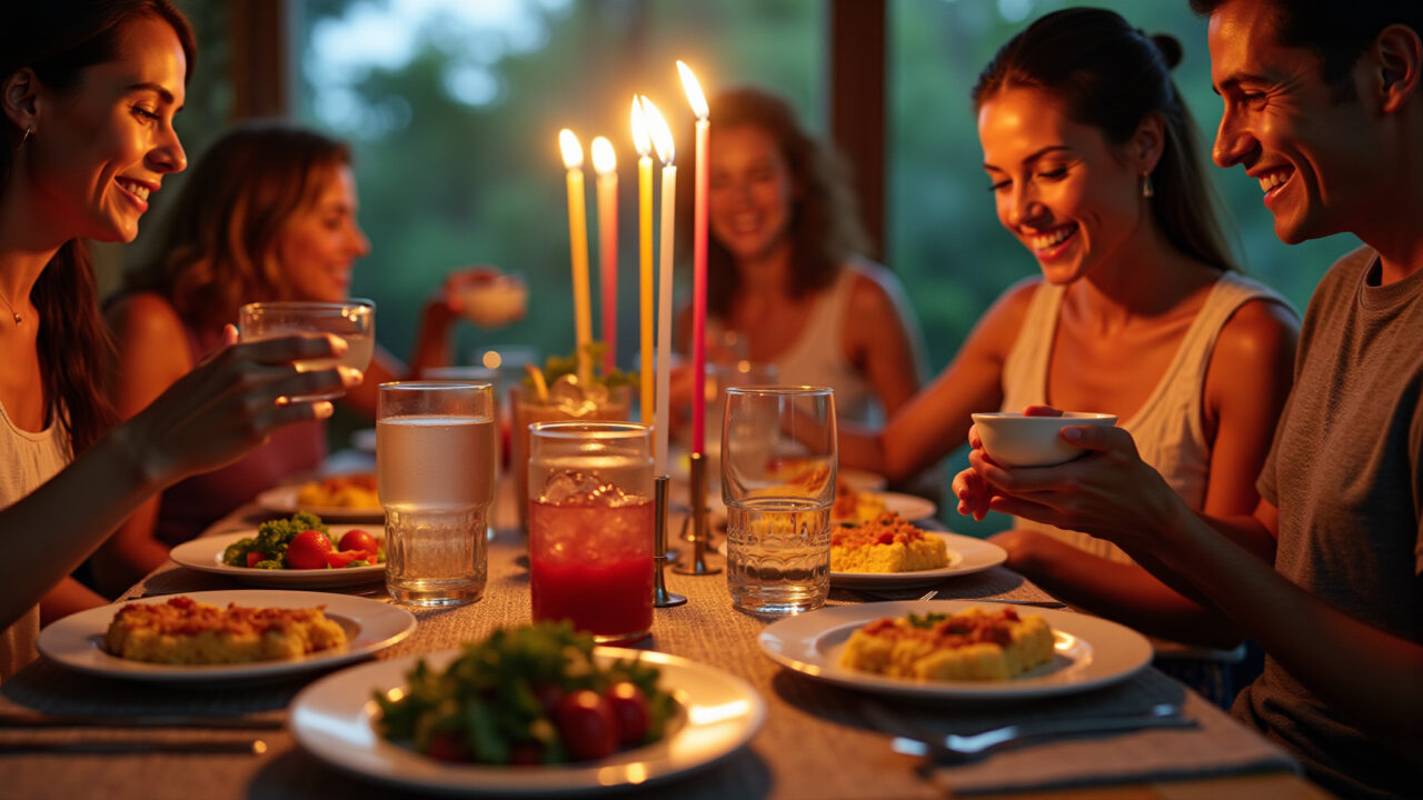 Jantar de aniversário em casa estilo boteco com petiscos brasileiros e samba.
