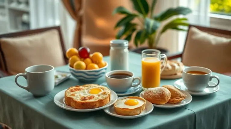 Mesa de café da manhã estilo hotel em casa com pão de queijo, frutas tropicais e café.