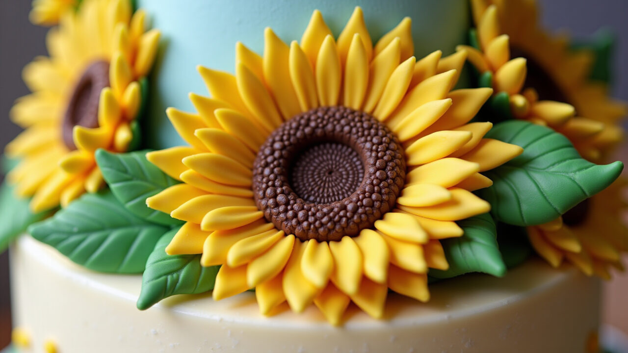 Hyper-realistic 3D sunflower cake topper made of fondant, vibrant colors, professional photography, Bolo decorado com girassol 3D de pasta americana.