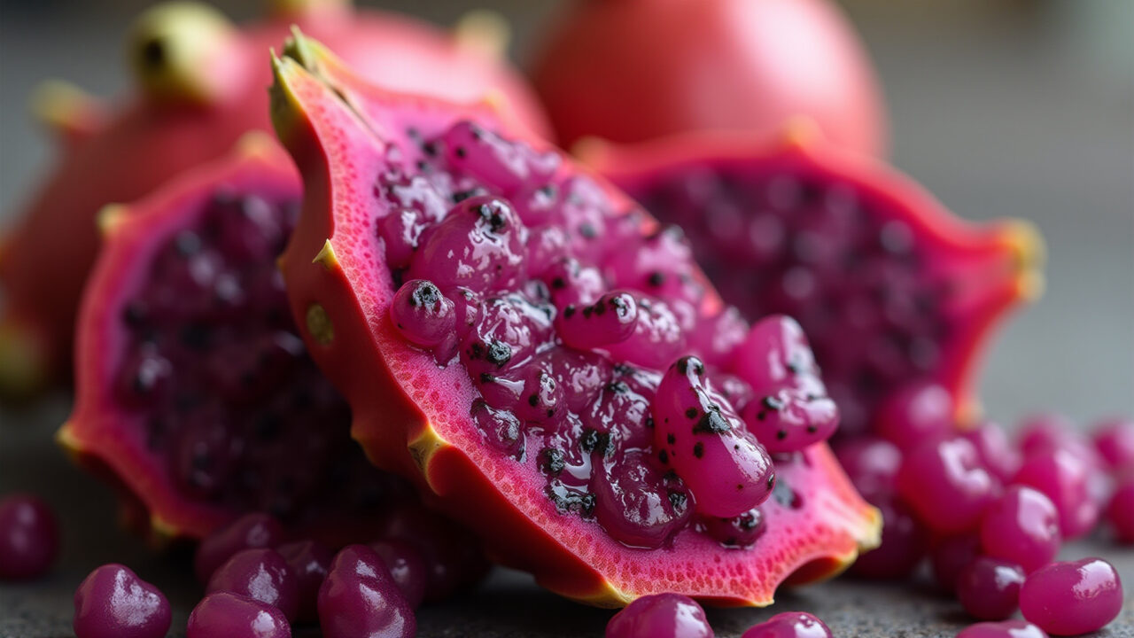 Hyper-realistic close-up of pitaya's antioxidant properties. Abstract representation of Antioxidantes da pitaya combatendo radicais livres.