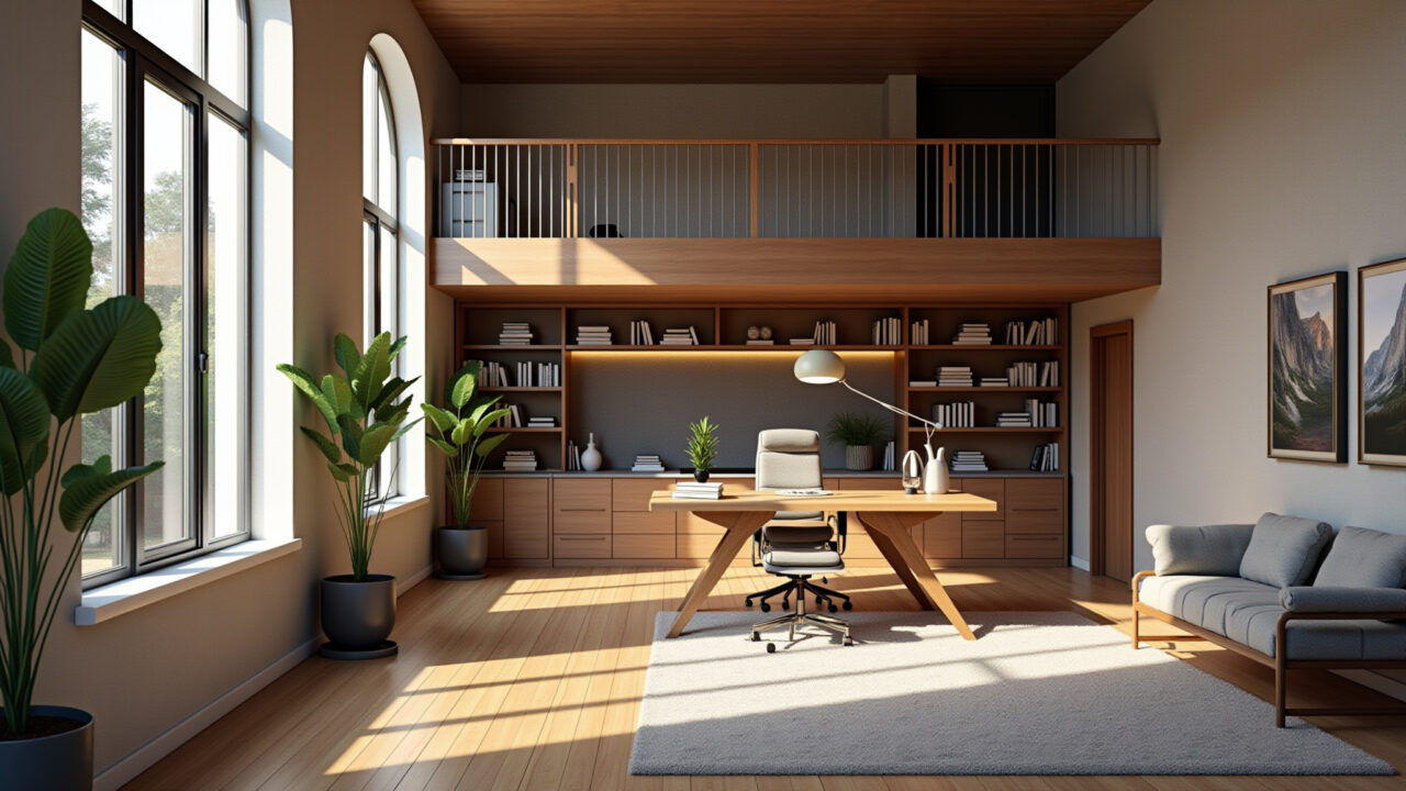 Hyper-realistic image of a double-height space with mezzanine office, Brazilian decor, natural Espaço com pé direito duplo e mezanino transformado em escritório.