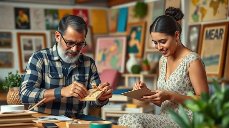 Família brasileira fazendo artesanato para o Dia dos Pais: porta-retratos e cartões coloridos.