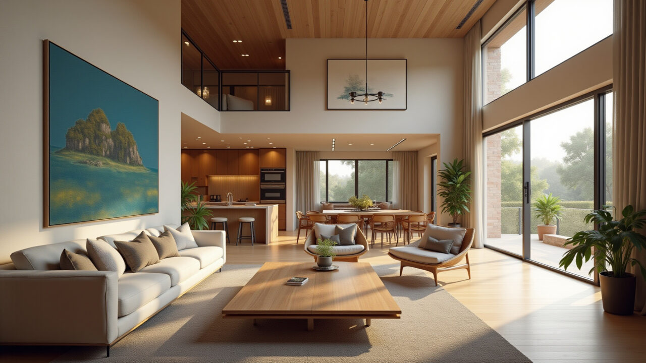 Hyper-realistic photo of a double-height living space, showcasing natural light, integrated dining Espaço de convivência integrado com pé direito duplo e decoração brasileira.