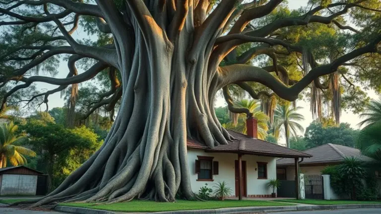 Eucalipto gigante ameaçando casa brasileira, raízes danificando a calçada.