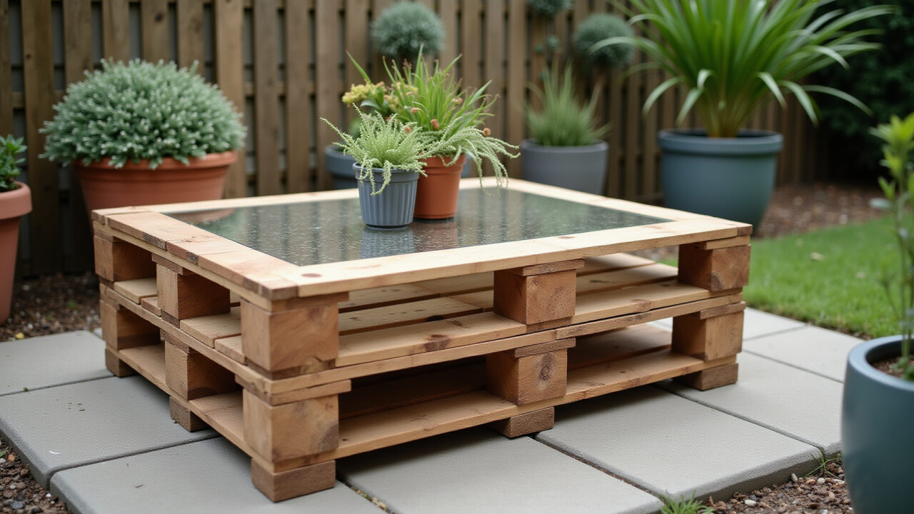 Hyper-realistic photo of a pallet coffee table in a garden setting, featuring a glass top, potted Mesa de centro de pallet rústica para jardim.