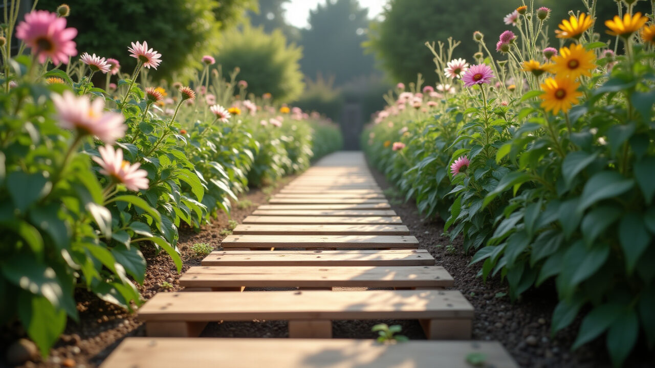 Hyper-realistic photo of a pallet pathway leading through a garden, surrounded by greenery and Caminho de pallet charmoso em jardim florido.