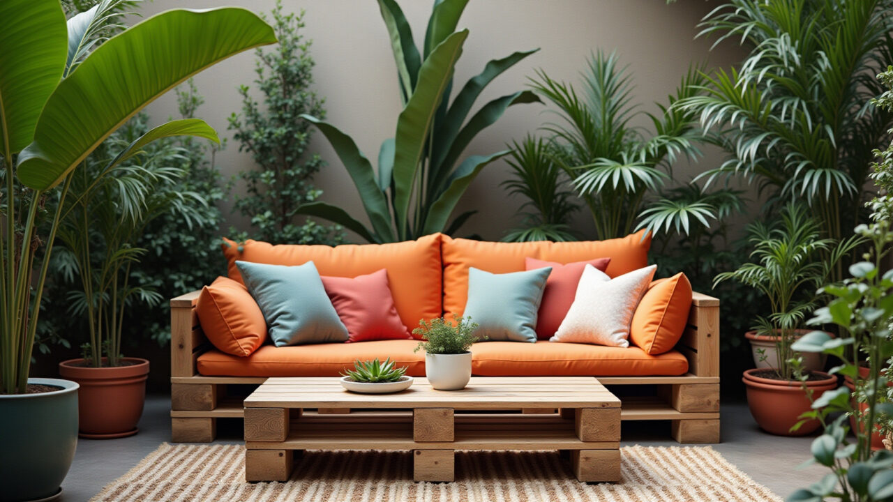 Hyper-realistic photo of a pallet sofa in a Brazilian garden, featuring colorful cushions, a wooden Sofá de pallet confortável em jardim brasileiro.