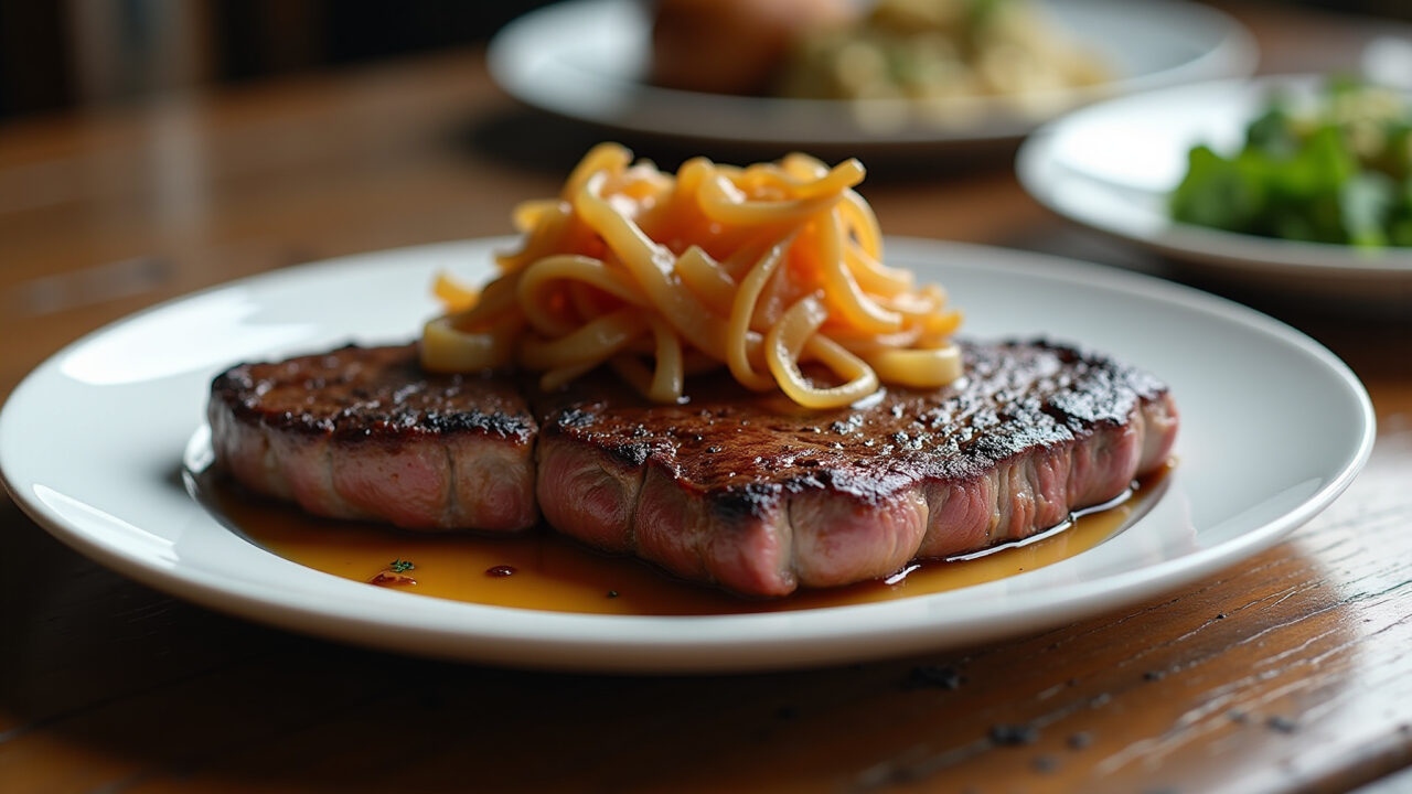 Bife acebolado clássico em prato branco sobre mesa rústica.
