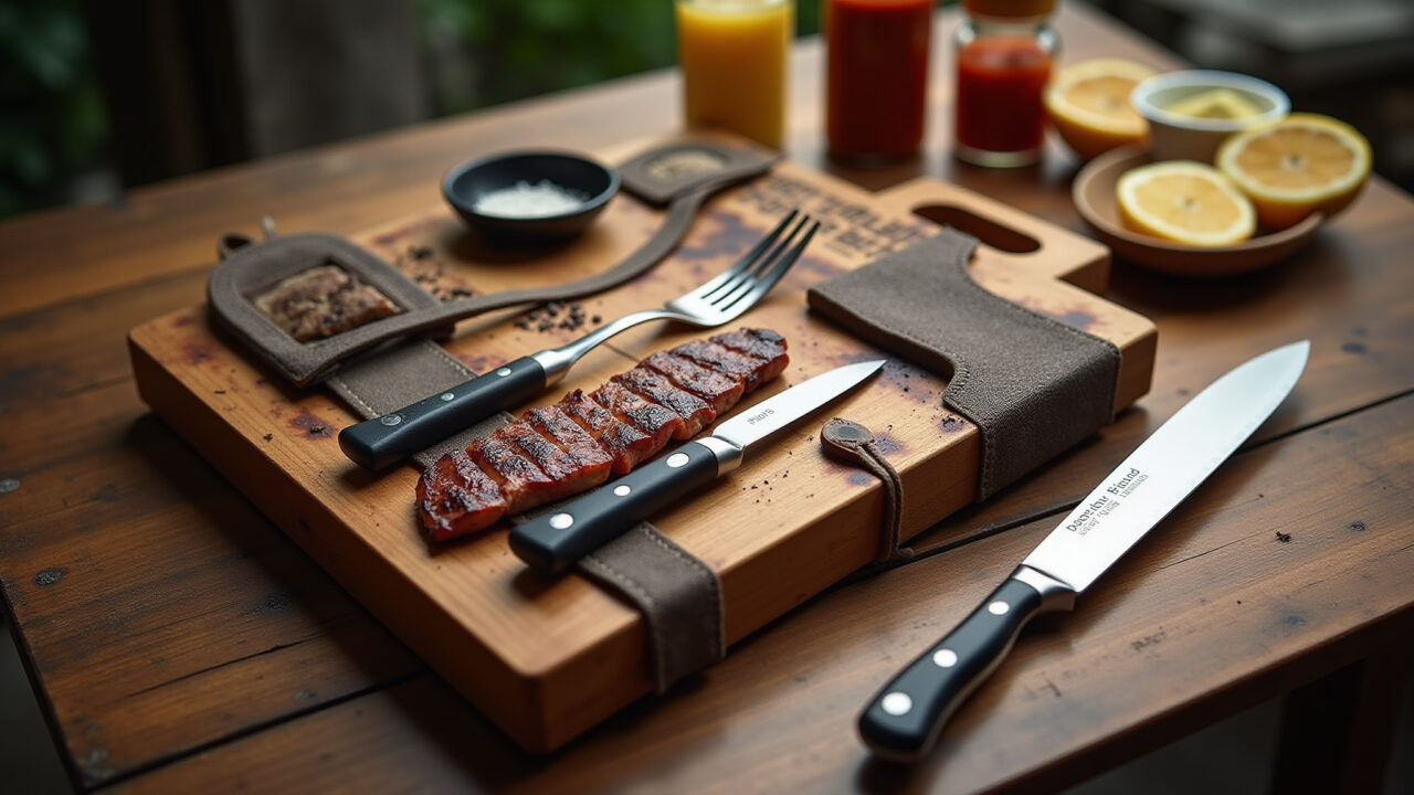 Hyper-realistic photo of a personalized BBQ kit with apron, knives, and spices, presented on a Kit churrasco personalizado, presente ideal para o Dia dos Pais.