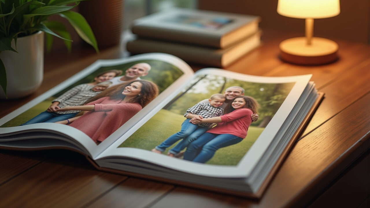 Hyper-realistic photo of a personalized photo album with family pictures, displayed on a table, Álbum de fotos personalizado para relembrar momentos especiais.