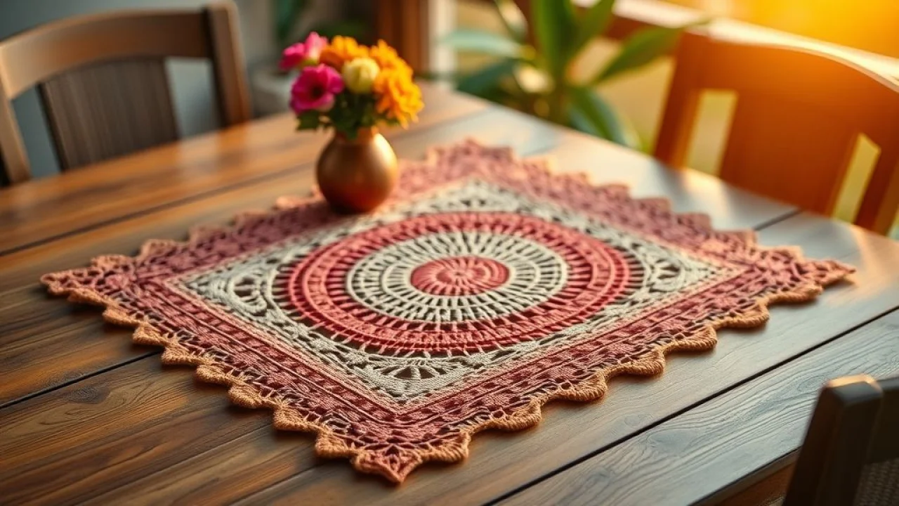 Sousplat de crochê retangular passo a passo: transforme sua mesa com elegância! Sousplat de crochê retangular artesanal em mesa de madeira com luz suave.