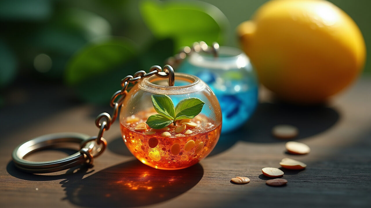 Chaveiro de resina com elementos da natureza.