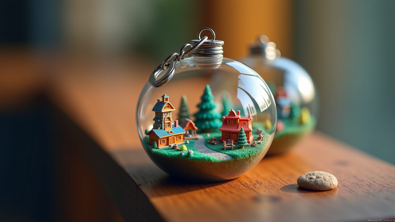 Chaveiro de resina com miniaturas, original e criativo.