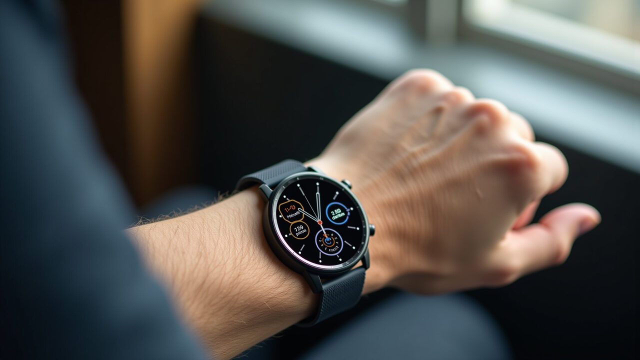 Hyper-realistic photo of a smartwatch on a man's wrist, displaying health metrics, modern design, Relógio inteligente para pais conectados e preocupados com a saúde.
