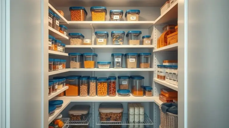 Despensa pequena organizada com potes transparentes e etiquetas, estilo brasileiro.