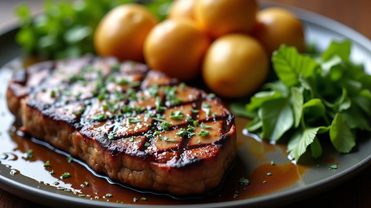 Bife com batatas rústicas e salada verde.