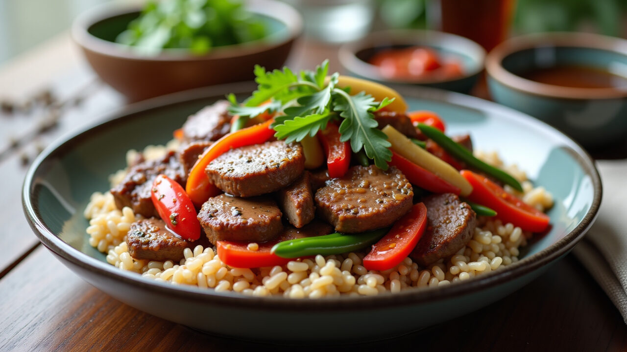Bife com legumes salteados e arroz integral.