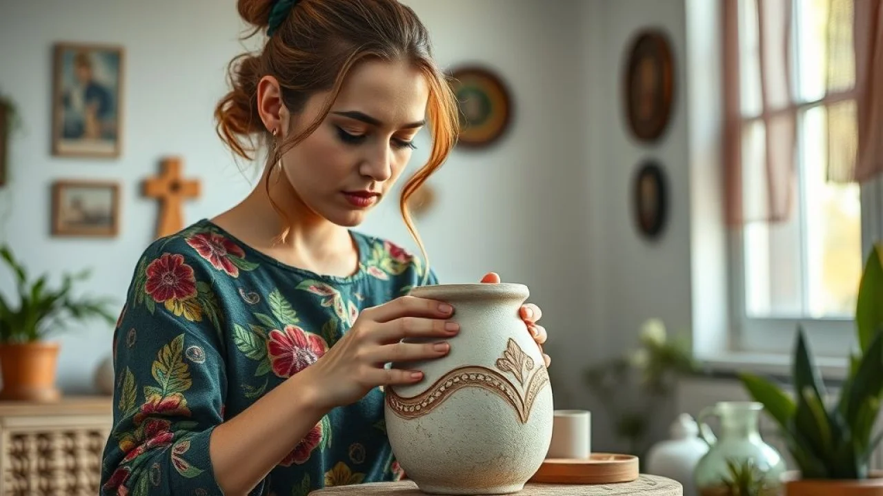 Mulher criando vaso de gesso decorativo em casa, com luz natural e decoração brasileira.