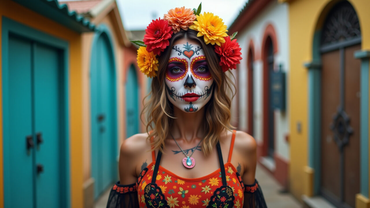 Mulher fantasiada de caveira mexicana para o Halloween em cemitério brasileiro.