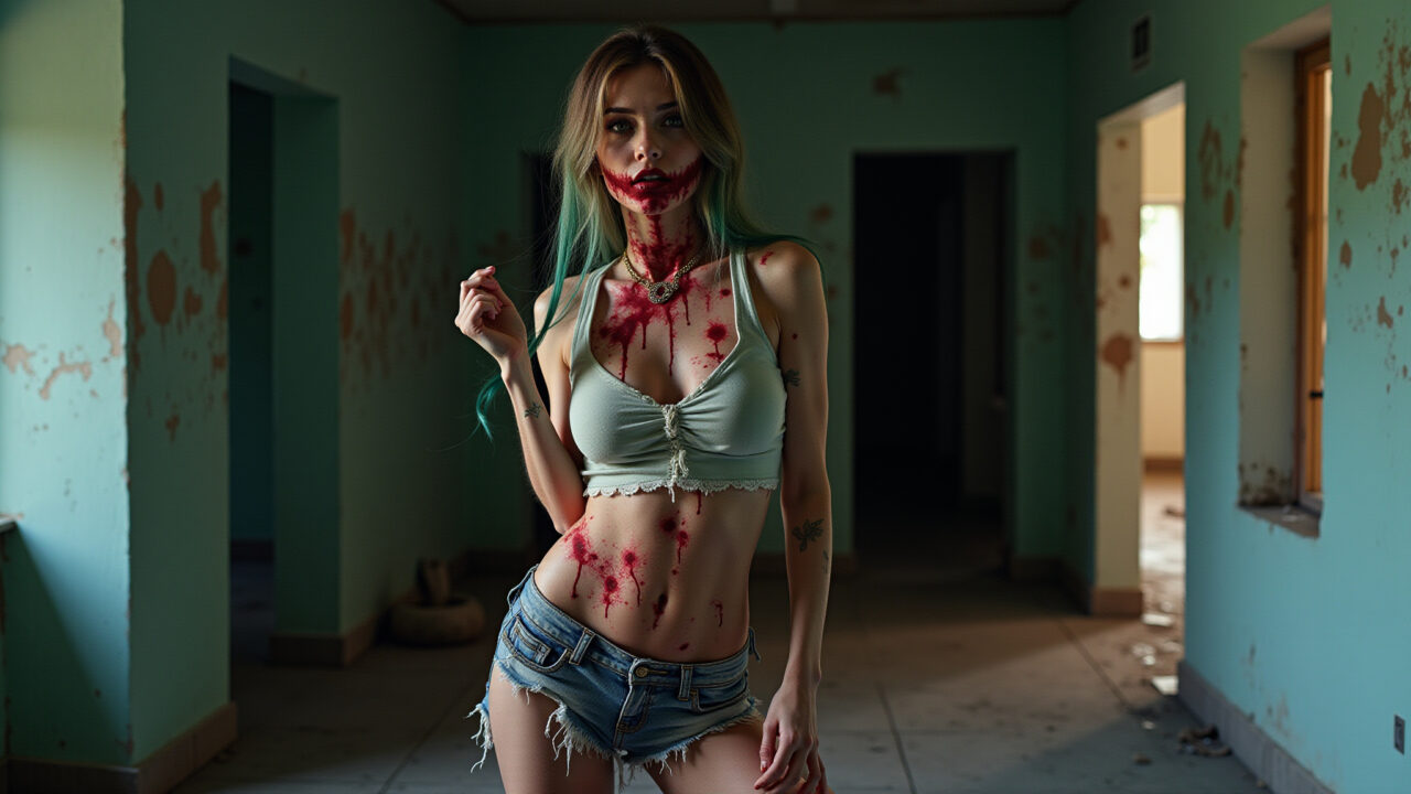 Mulher fantasiada de zumbi fashionista para o Halloween em mansão brasileira.