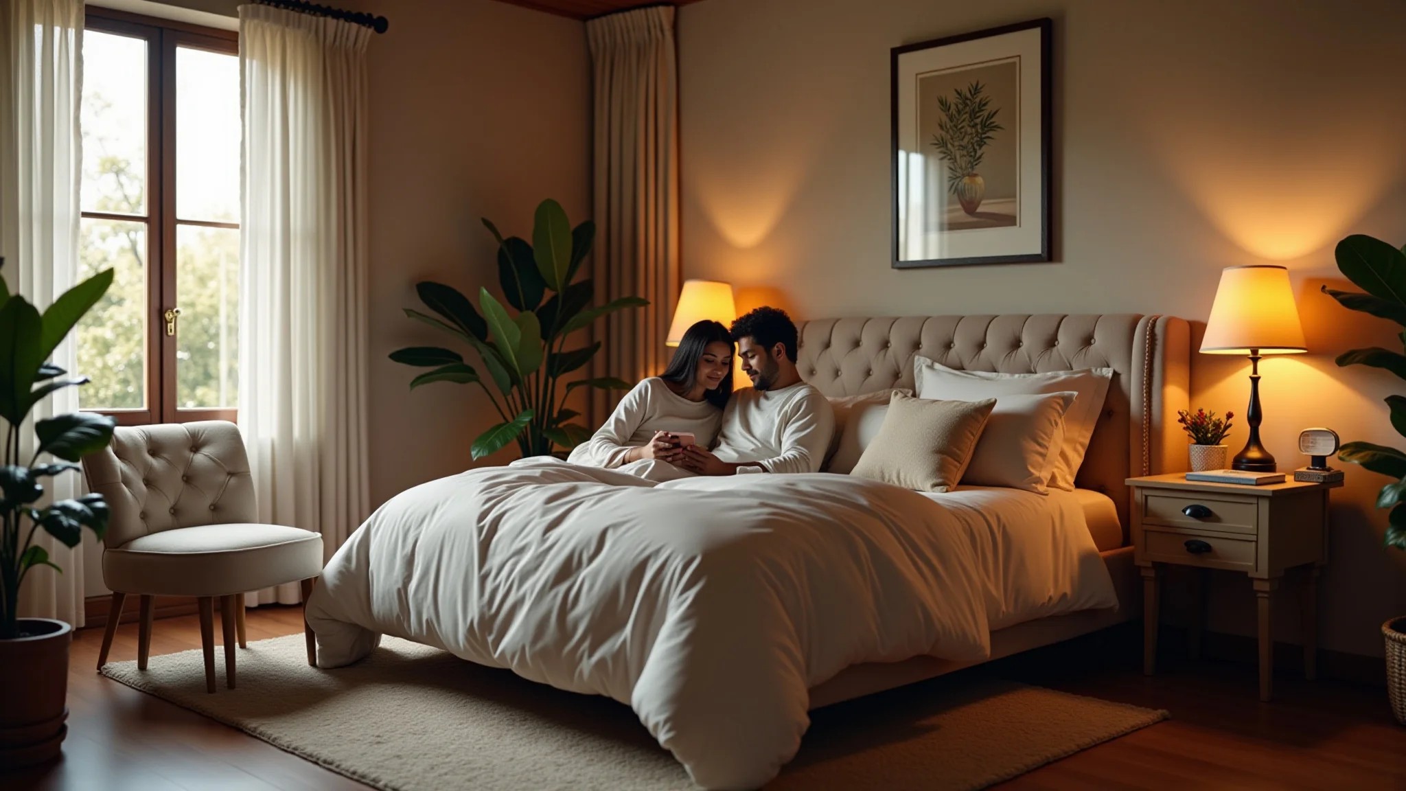 Quarto de casal com cantinho de leitura, poltrona confortável e luminária.