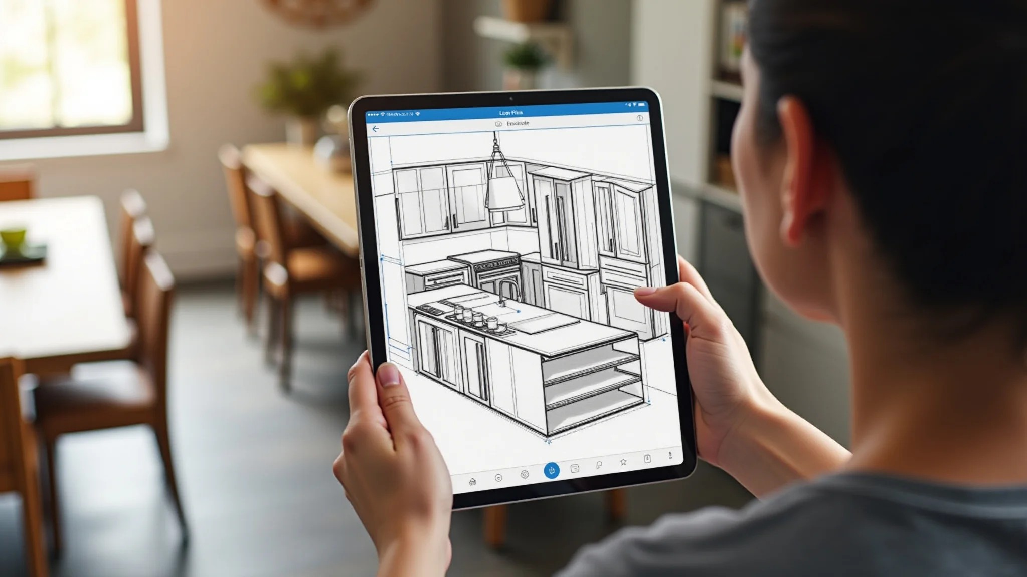 Planta baixa de cozinha em tablet com software de design de interiores 3D.