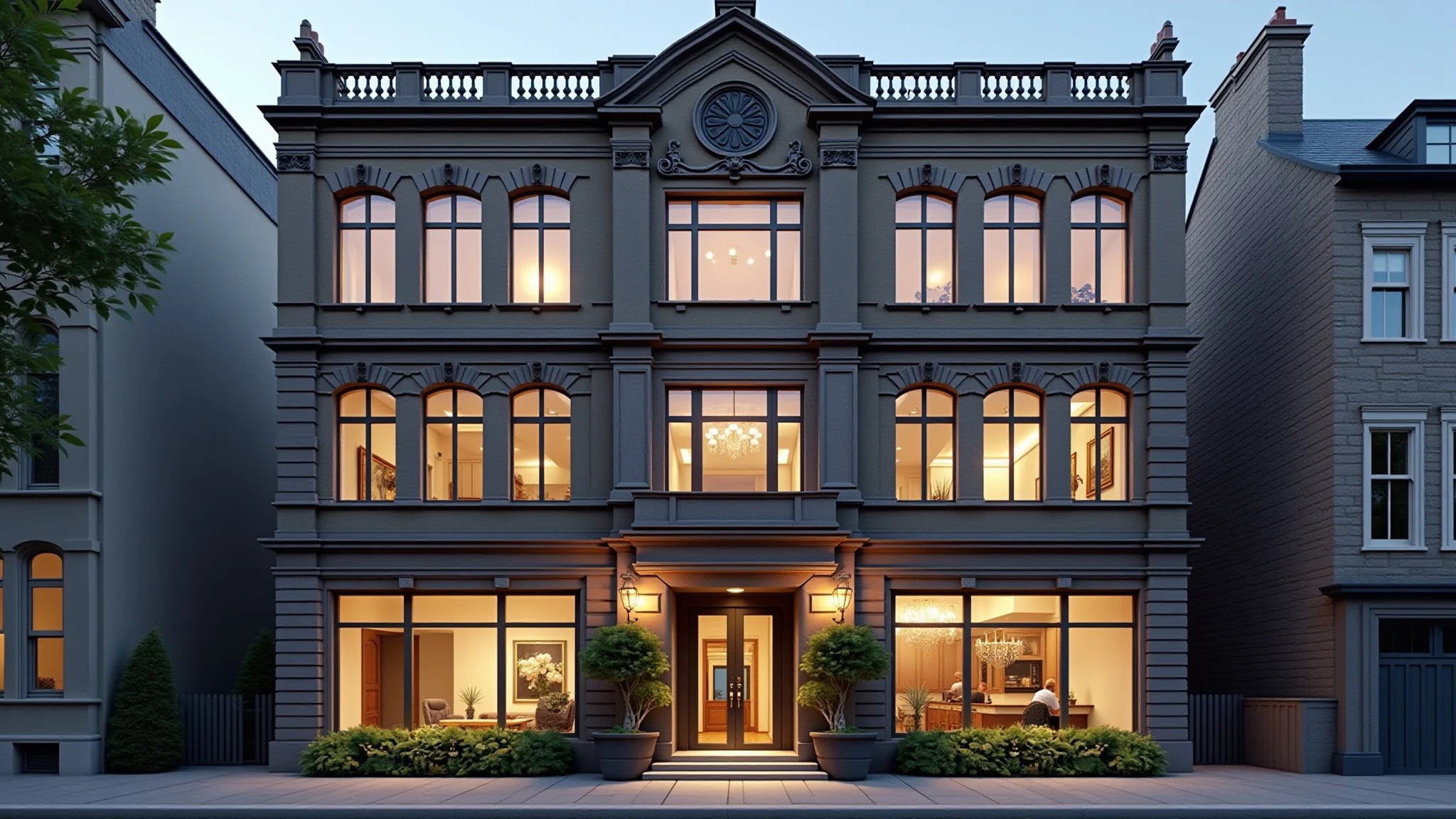 Fachada de edifício revitalizada com retrofit, unindo estilos arquitetônicos antigos e novos.