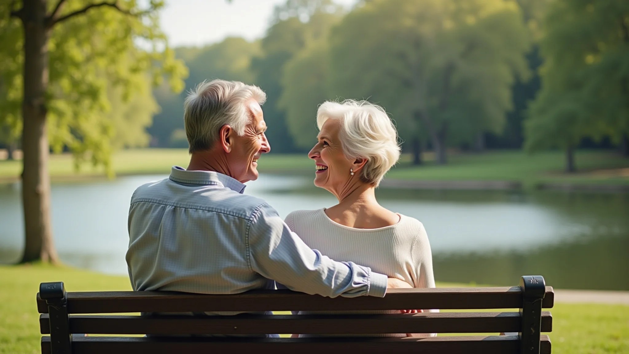 Casal sorrindo um para o outro em um banco de parque com lago ao fundo.