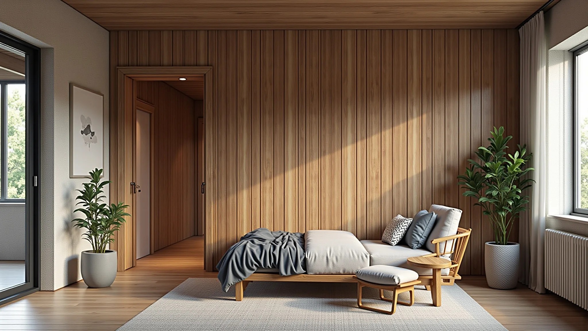 Retrofit com madeira de demolição para revestimento de parede, mostrando sustentabilidade.