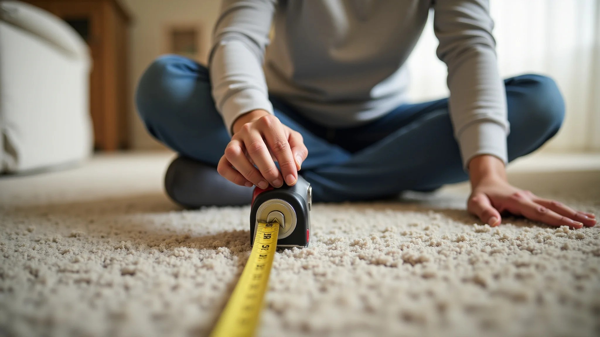 Pessoa medindo o chão da sala com fita métrica para escolher o tamanho ideal do tapete.