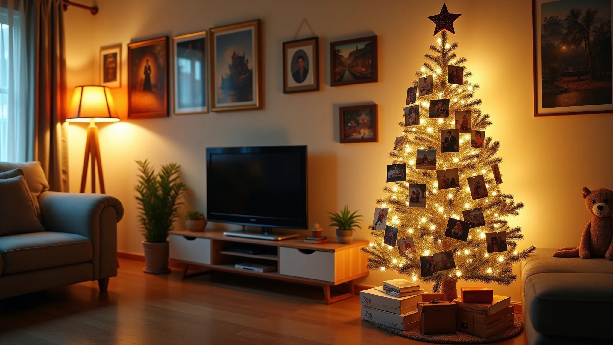 Árvore de Natal de parede feita com fotos impressas em apartamento pequeno.