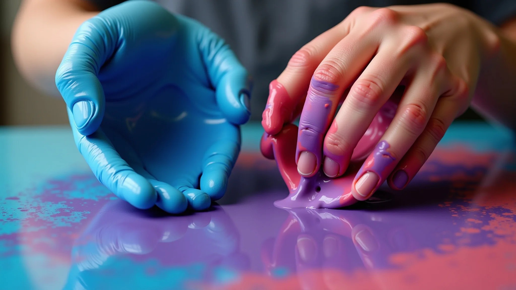 Mãos misturando tinta azul e vermelha para criar a cor roxa.