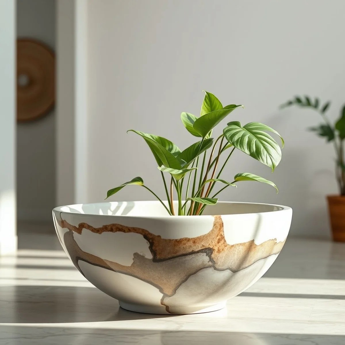 Bacia de porcelana antiga usada como cachepot para planta, decoração brasileira.
