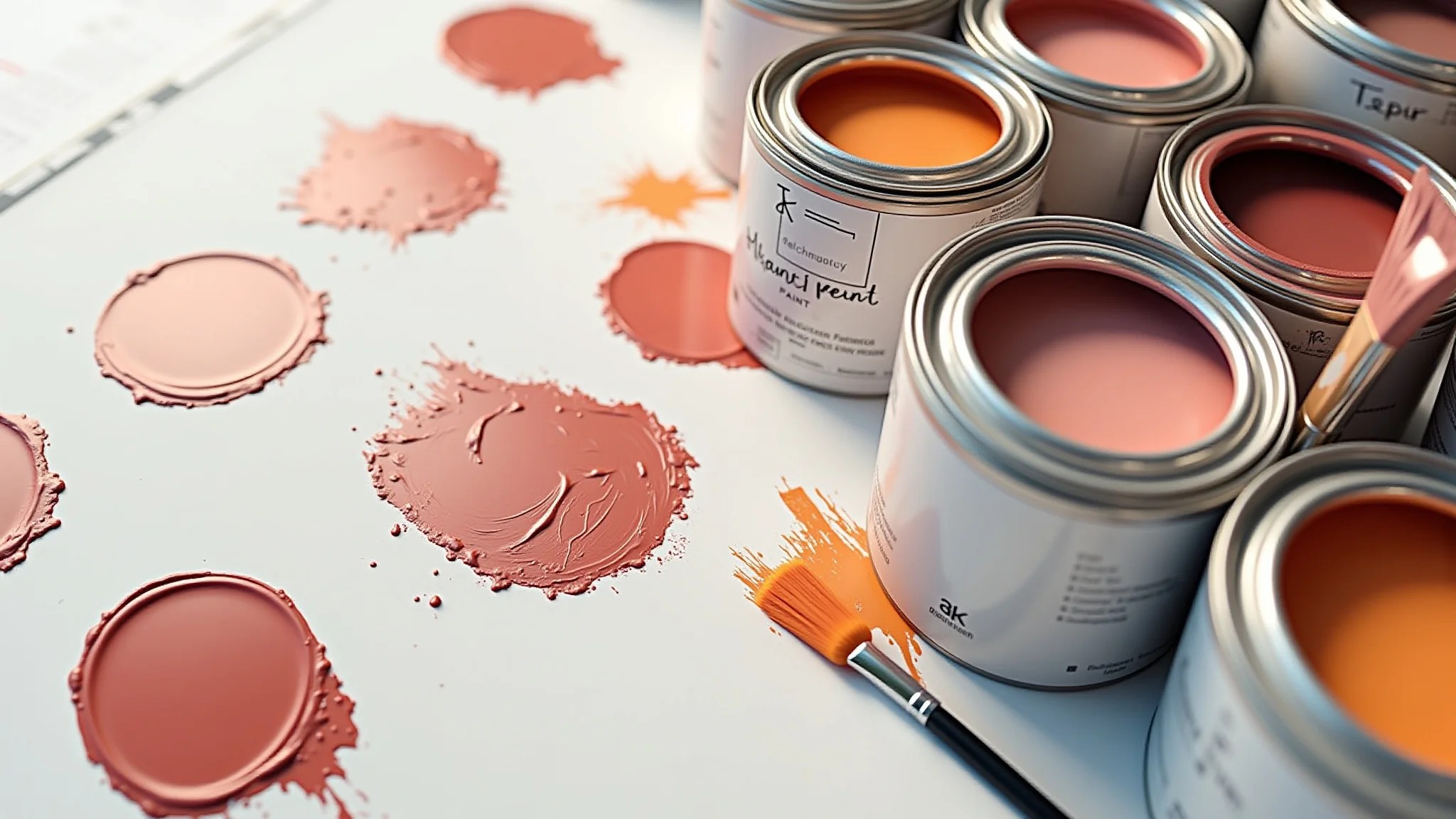 Latas de tinta, pincéis e amostras de tinta rose gold em estúdio.