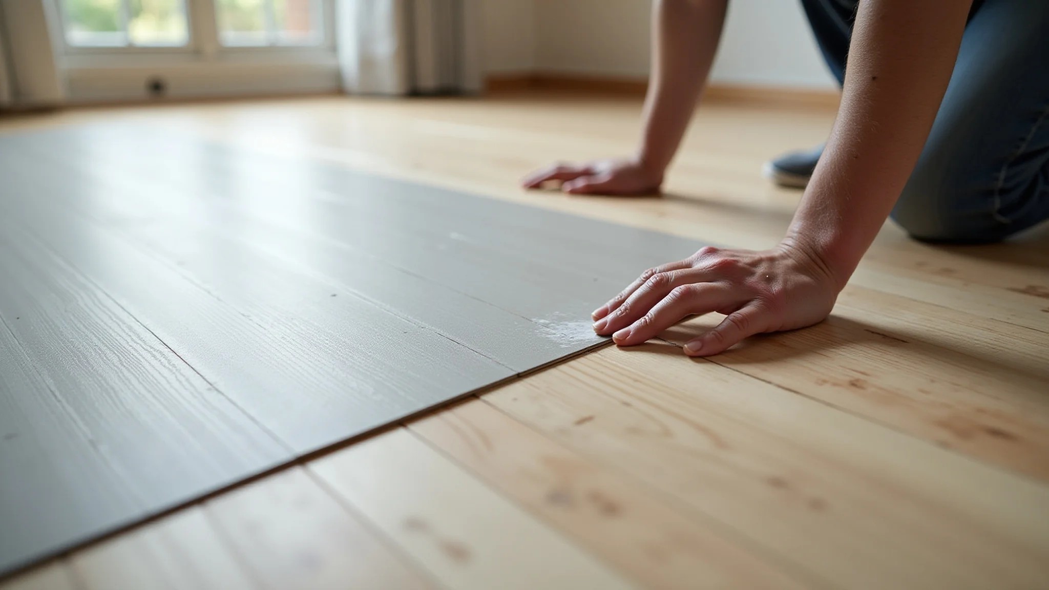 Instalação de piso vinílico sobre piso existente durante retrofit, visual moderno e elegante.
