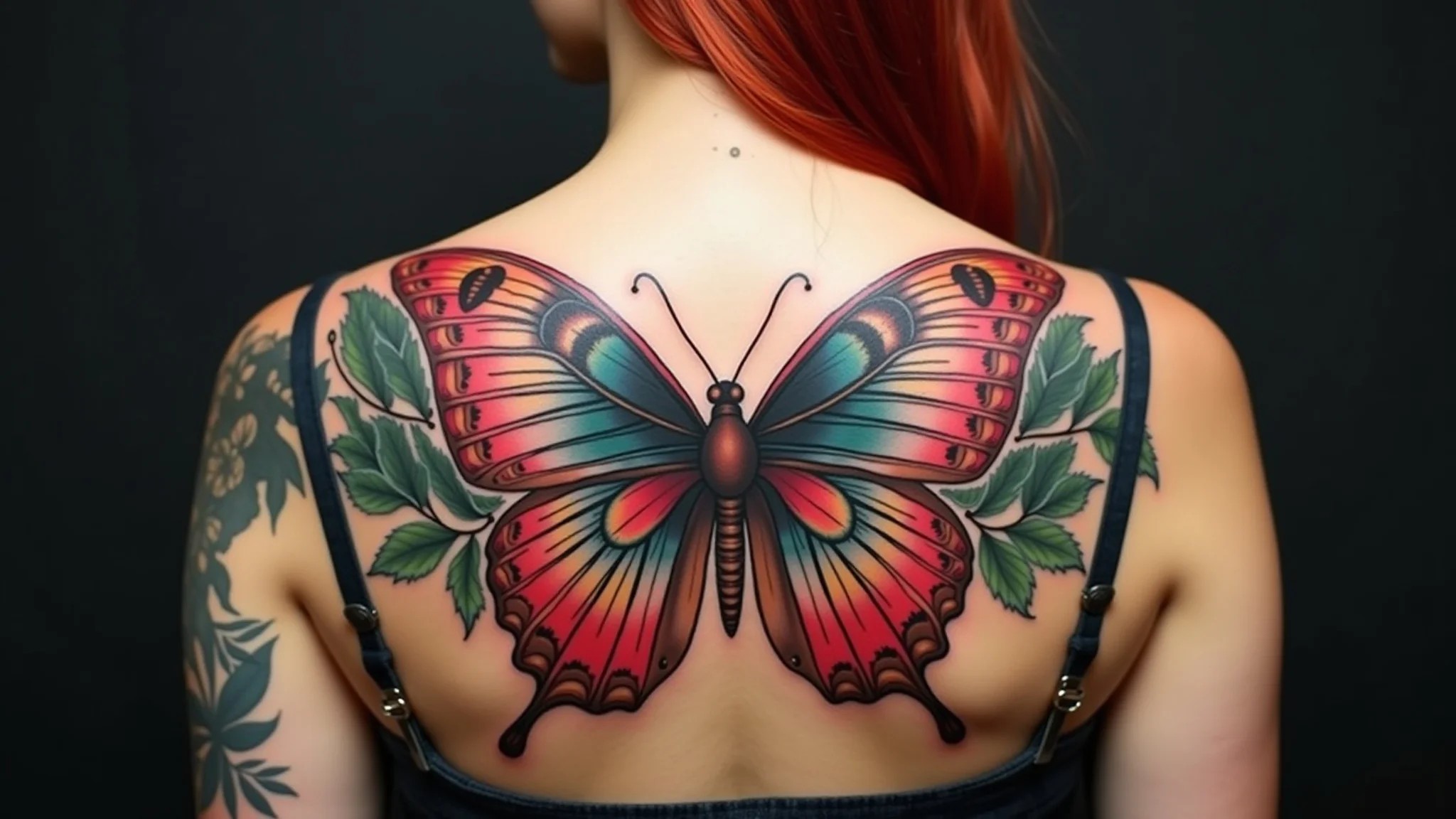 Tatuagem de borboleta old school colorida no ombro de uma mulher.