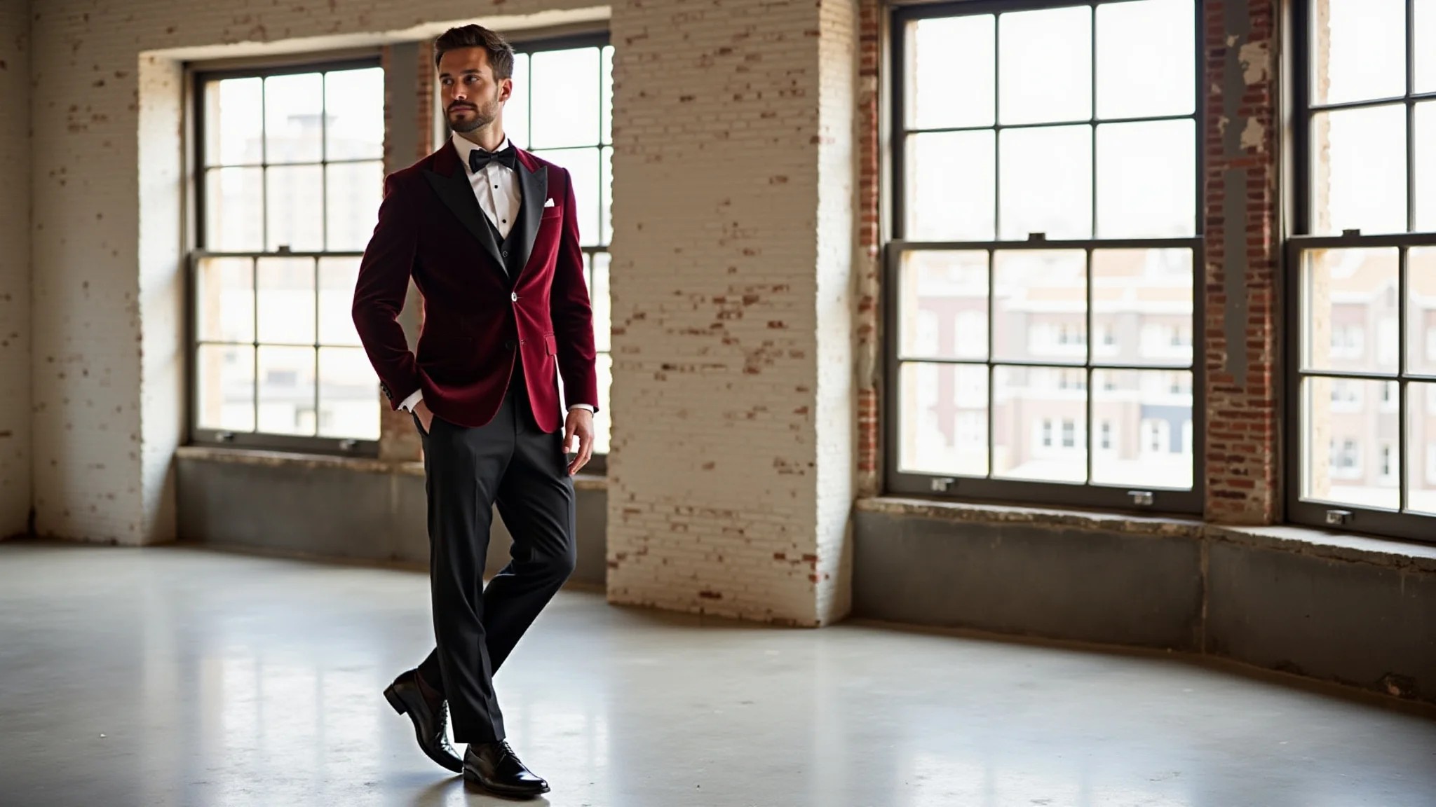 Noivo ousado com blazer de veludo marsala, calça preta e sapatos de couro em loft moderno.