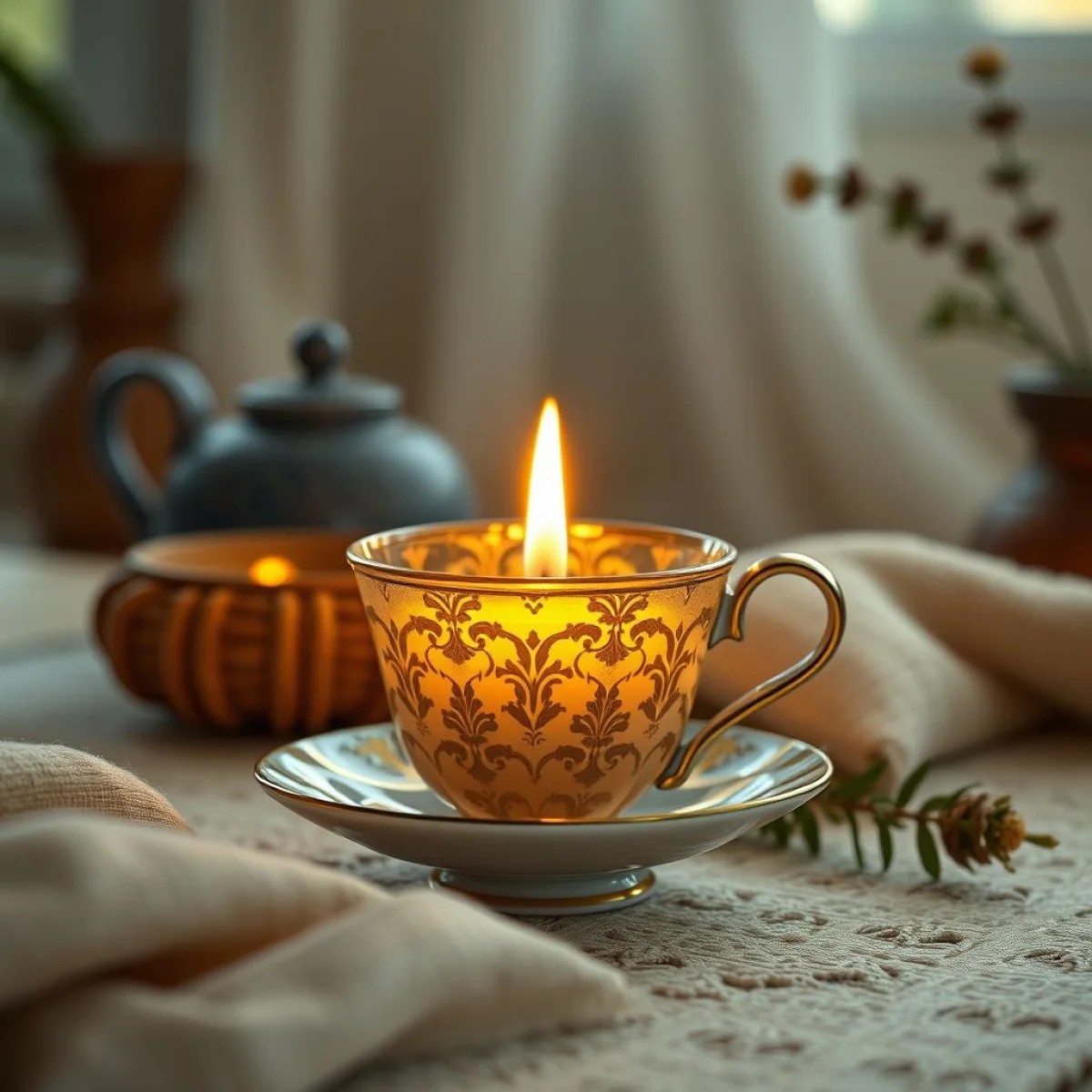 Vela aromática DIY em xícara de porcelana antiga, decoração aconchegante estilo brasileiro.