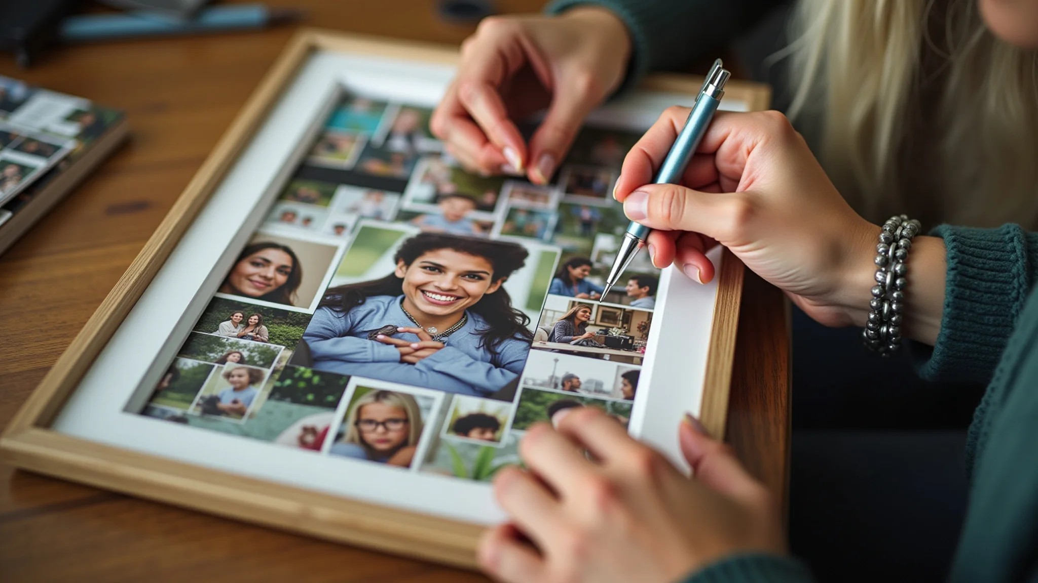 Mãos criando um painel de fotos em moldura reciclada, decoração DIY com estilo brasileiro.