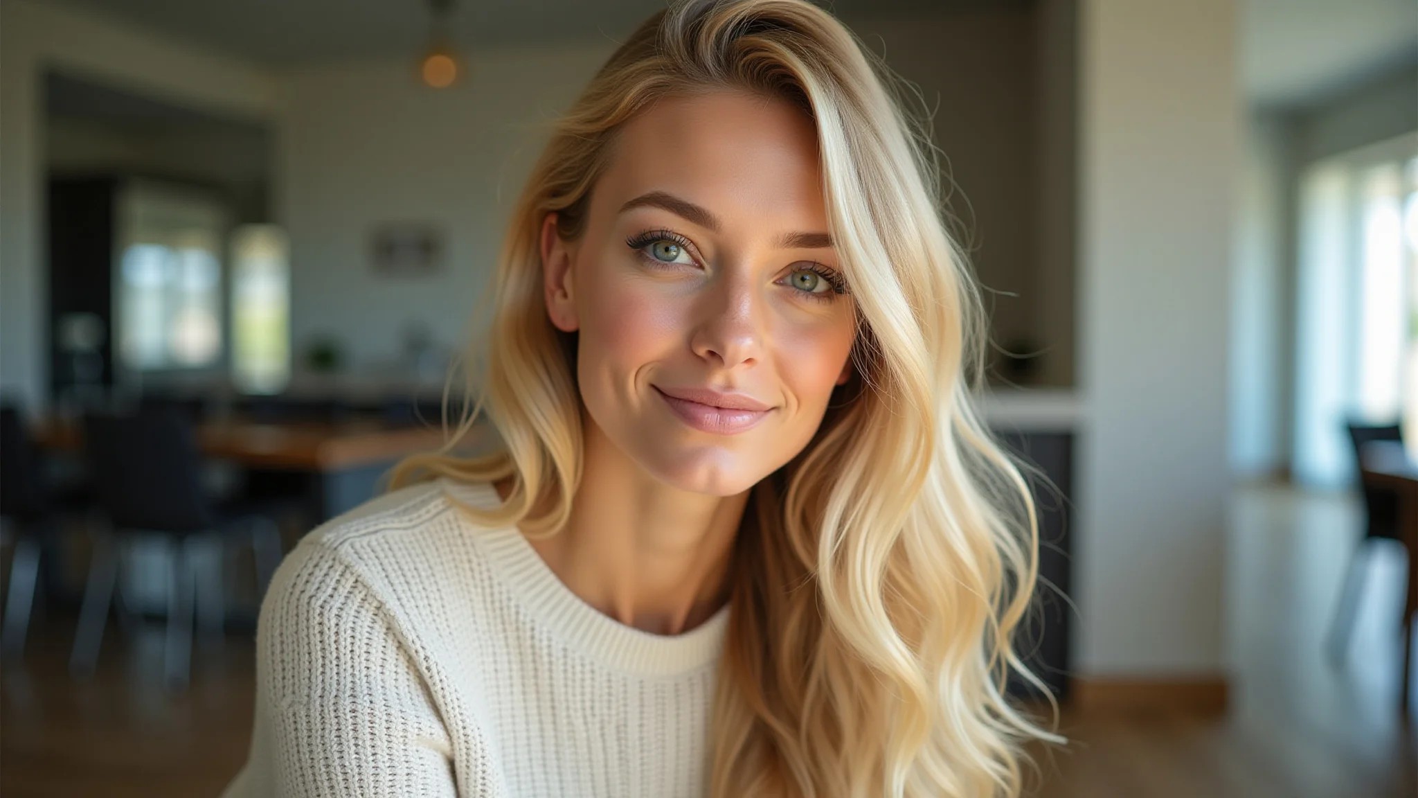 Mulher com cabelo loiro amanteigado em ambiente moderno e bem iluminado.