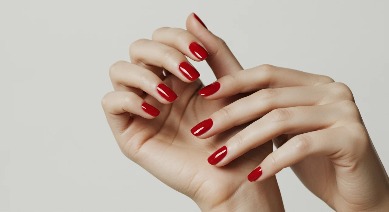 Mãos femininas com unhas vermelhas clássicas e elegantes.